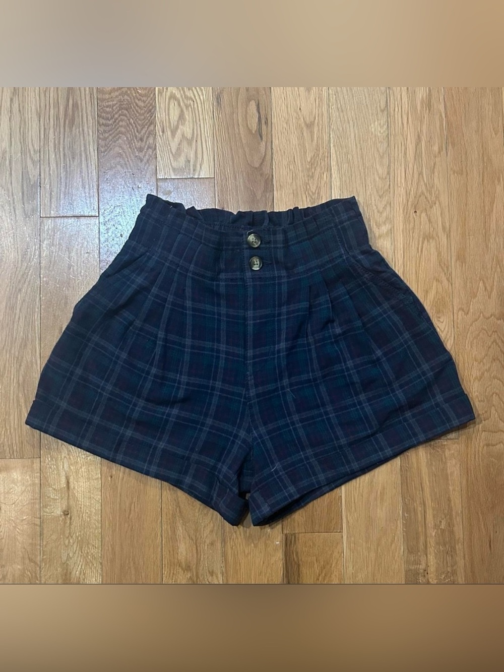 American Eagle Outfitters Navy Plaid High-Waist Shorts